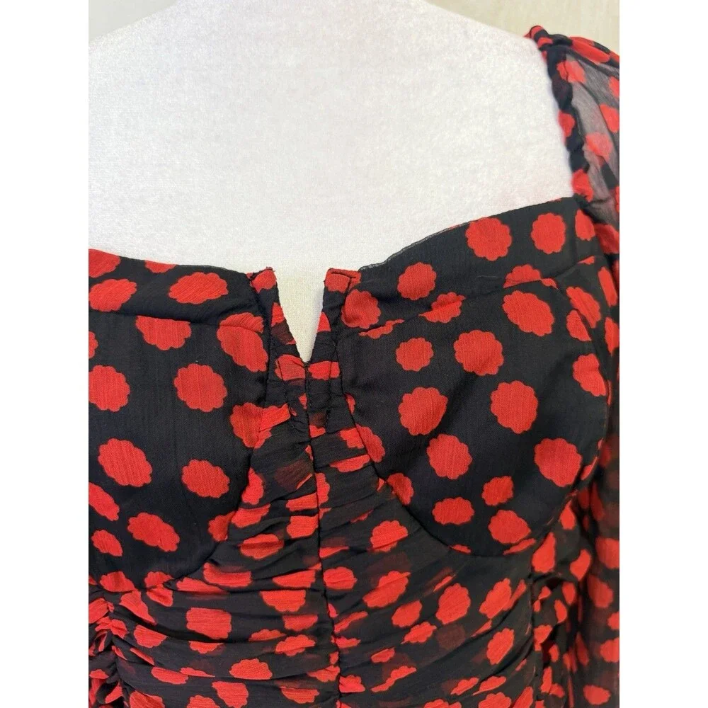 Free People Blouse Womens M Black Red Polka Dot Cropped Balloon Sleeve Top